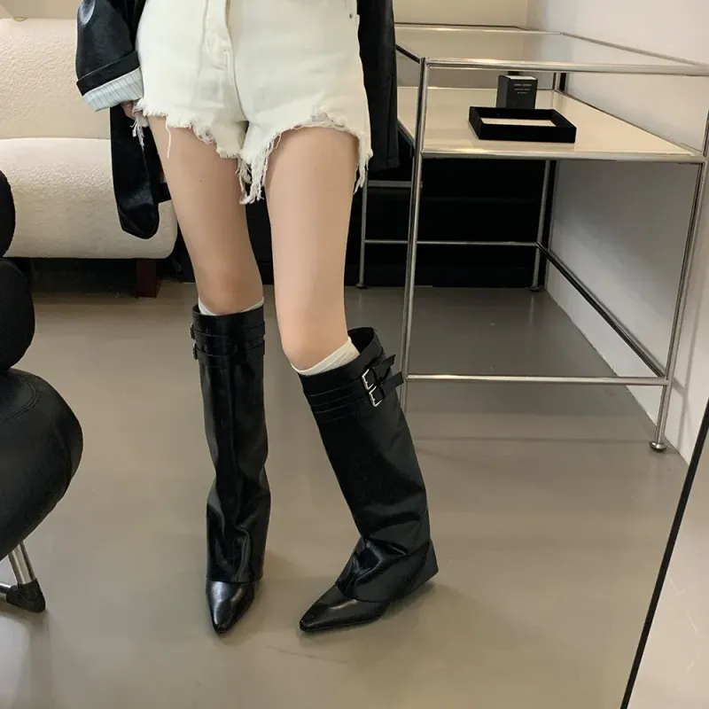 Spitzschuh Damen Winterstiefel Keil High Heels Gürtelschnalle Schwarz Braun PU Leder Botas Fashion Abendschuhe Frau 39_voghion.com