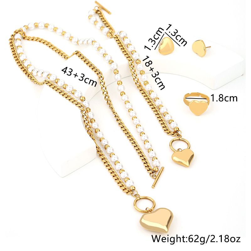 Gute New Trend Cuban Pearl Double Layer Necklace Bracelet Heart Ring Earrings Titanium Steel Non-Fading Set_voghion.com