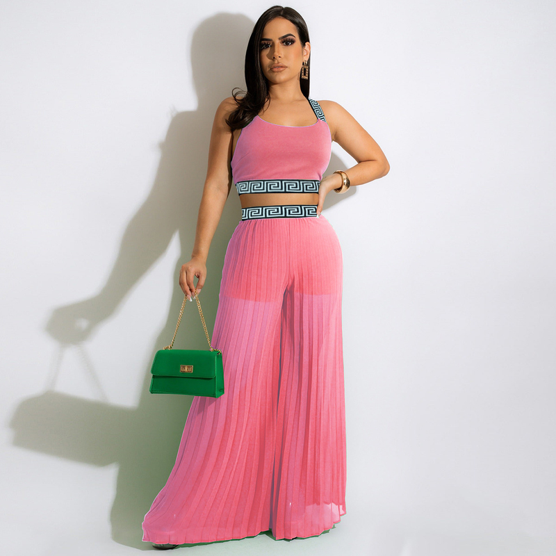 Abbigliamento da donna in chiffon multicolore ad alta temperatura che modella la tracolla elastica pieghettata in due pezzi moda estiva_voghion.com