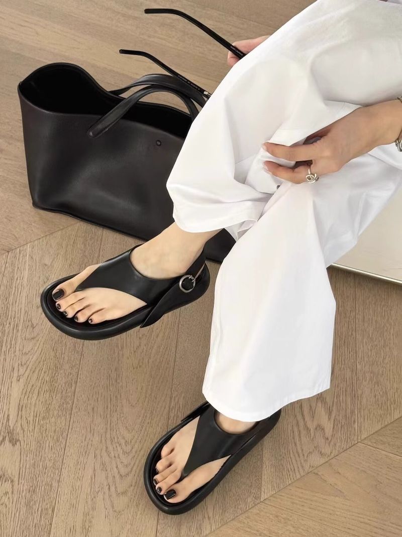 Damessandalen met plateauzool en gespband - Echt leren neusstuk (dikke zool, strand- en vrijetijdskleding, Romeinse stijl)_voghion.com