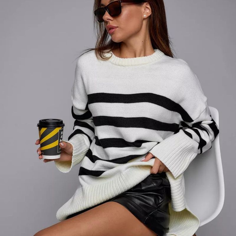 Gestreifter Stehkragen für Damen, neuer Frühling und Herbst, lockeres Design, Sinn für Nischen-Strickpullover, Pulloverjacke_voghion.com