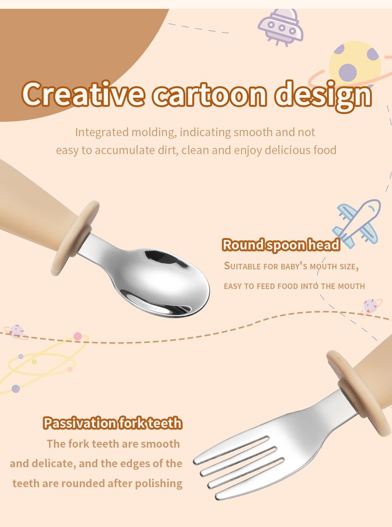 Conjunto de 3 peças de faca, garfo e colher infantil de aço inoxidável 316 com cabo curto de silicone para mãe e filhos, colher para comer infantil, utensílios de mesa portáteis_voghion.com