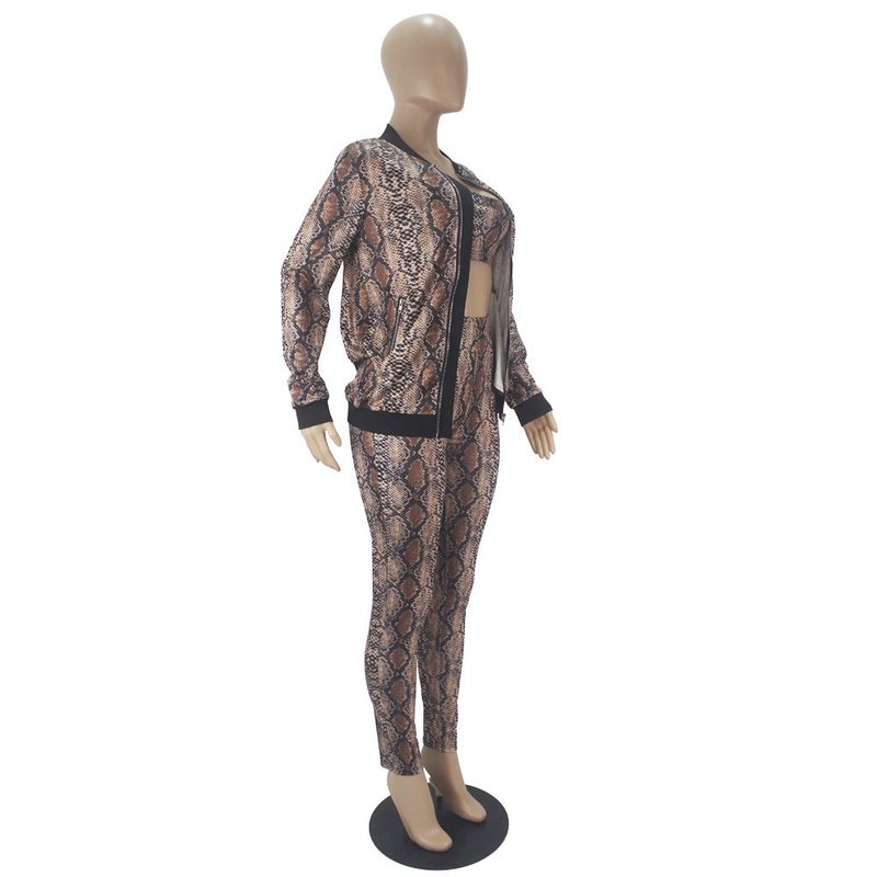 Women's Snake Print Sleeve Zipper Cardigan Jacket Long Pants Tube Top Three-Piece Set_voghion.com