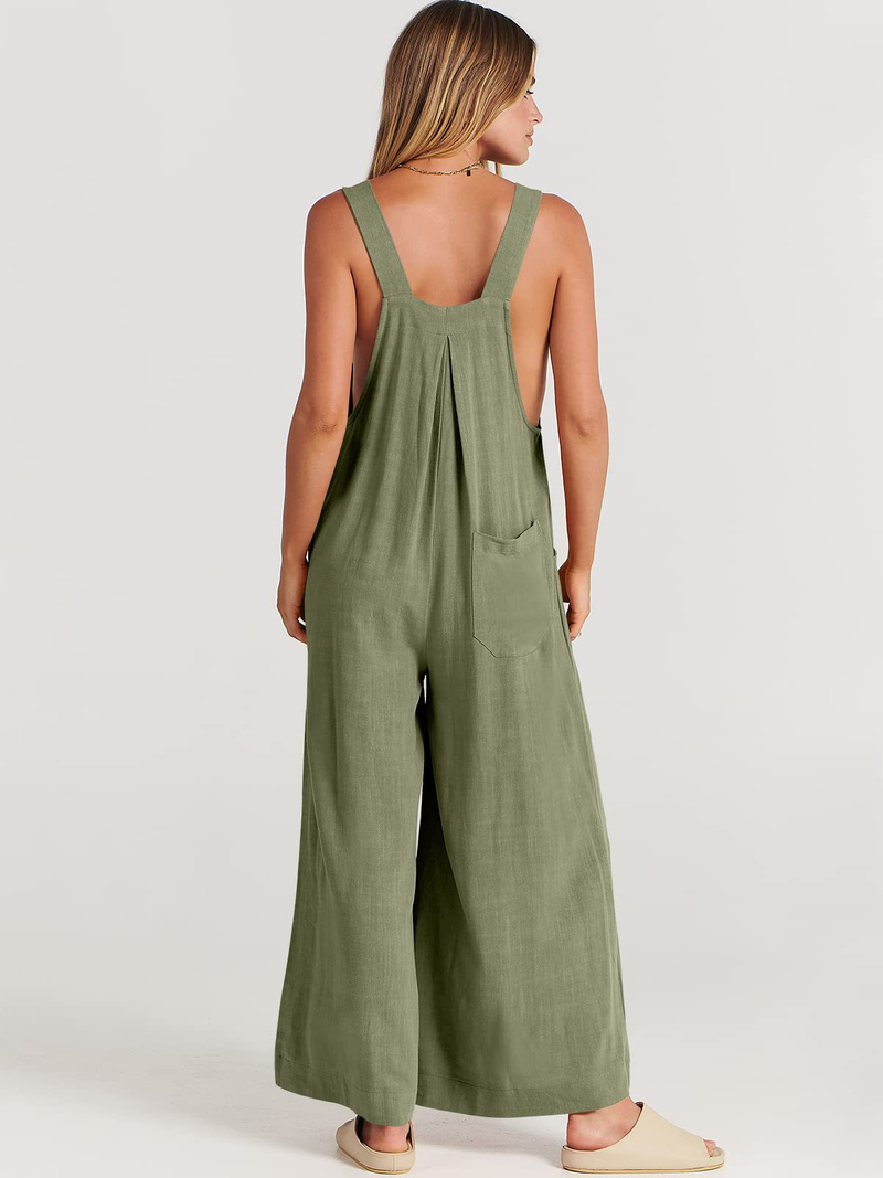 Women's clothing solid color loose casual cotton and linen overalls jumpsuit_voghion.com