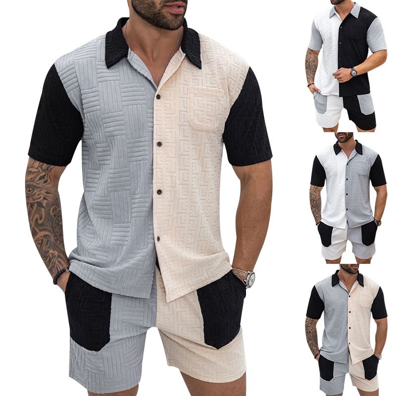 24 Summer New Knitted Jacquard Sports and Leisure Fashion Splicing Large Men's Set_voghion.com