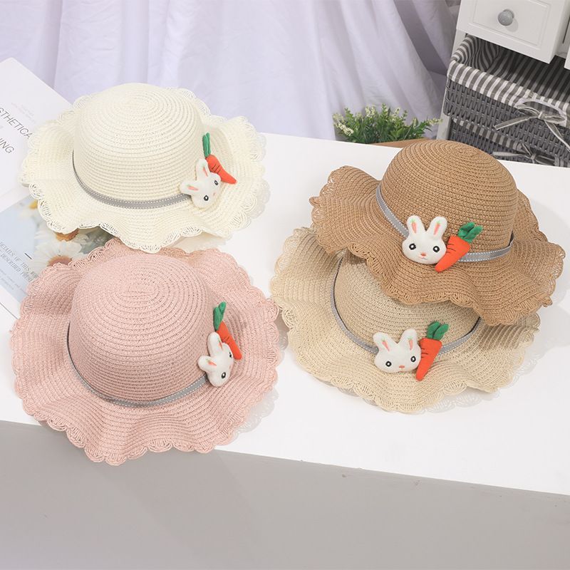 Piccolo set di cappelli da spiaggia con ombrellone in paglia per bambini e bambine, con bordo ondulato fresco_voghion.com