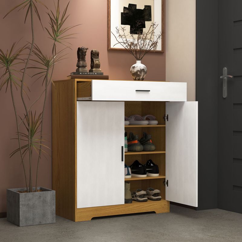 Shoe Cabinet, 4-Tier Shoe Rack Organizer With 1 Drawer, Freestanding Wooden Shoe Storage Cabinet With 2 White Door & Adjustable Shelves For Entryway Hallway_voghion.com