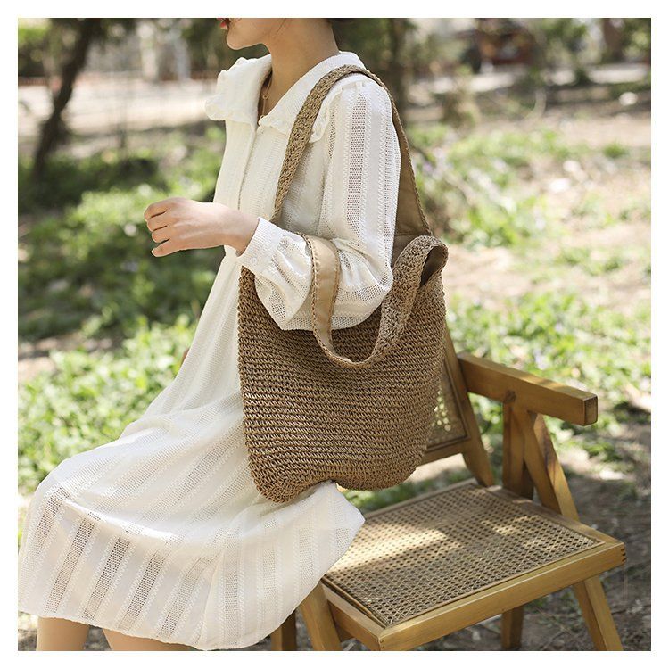 Borsa da spiaggia grande capienza casual intrecciata a mano con tracolla singola serie Grass Forest_voghion.com