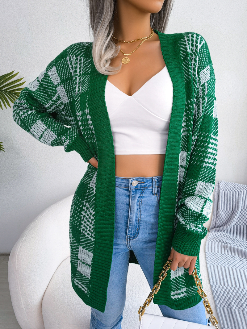 Women's Plaid Strap Lantern Sleeve Casual Open Front Cardigans Sweater Jacket Outwear_voghion.com