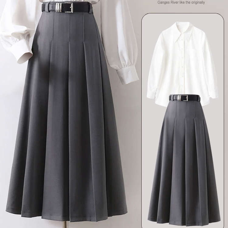 Gonna da abito in stile coreano per donna a vita alta, versatile, vestibilità slim, gonna a pieghe, gonna di media lunghezza, gonna lunga a trapezio_voghion.com