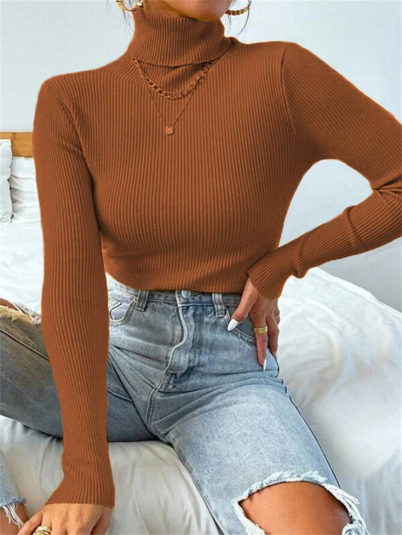 2024 Autumn Winter Women Long Sleeve Knitted Foldover Turtleneck Ribbed Pull Sweater Soft Warm Femme Jumper Pullover Clothes_voghion.com