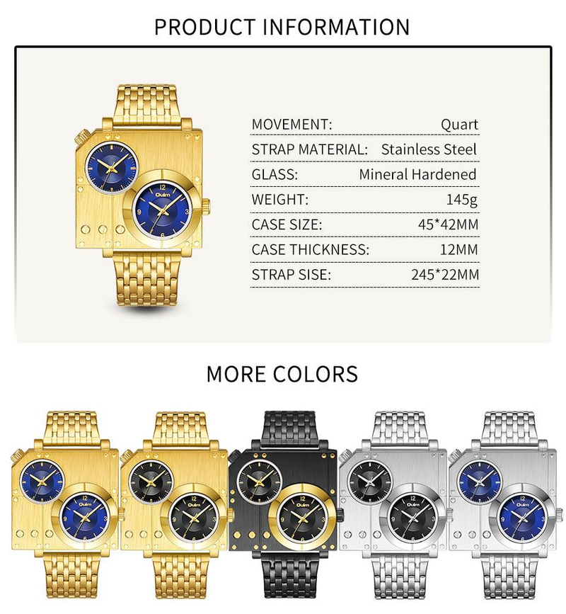Men's Square Casual Watch With Dual Time Zone, Stainless Steel Band, Gold Tone, Japanese Quartz Movement Dual Time Zone Steel Belt Quartz Watch_voghion.com
