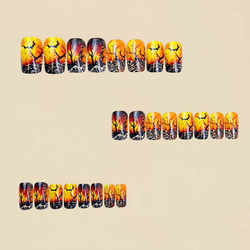 24 Stück Halloween Press-On Nails – Schwarzes & oranges Baumdesign mit Fledermäusen, Mond & Schneeflocken – Halloween-Dekoration, festliches Party-Accessoire_voghion.com