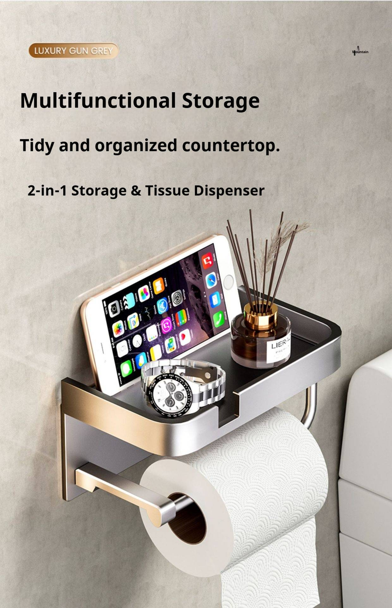 Portarrollos de papel higiénico de doble capa con soporte para teléfono, organizador de papel higiénico de pared, moderno dispensador de papel de aluminio_voghion.com