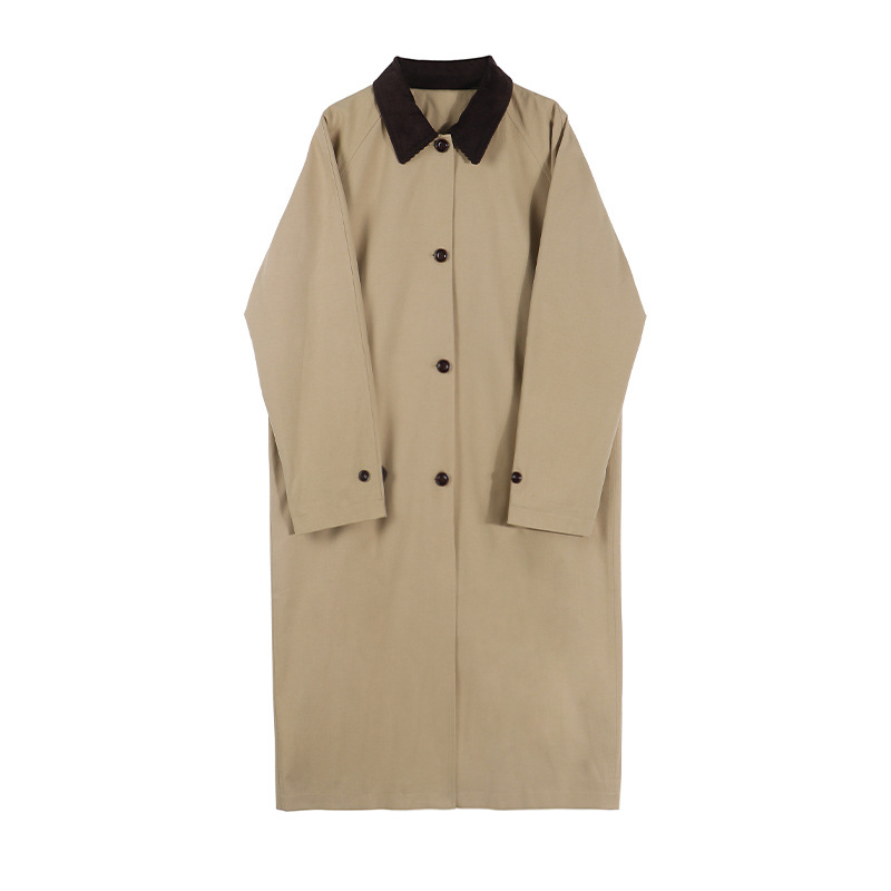 Trench casual color cachi da donna - Giacca lunga e ampia con revers a doppio petto e tasche, capospalla autunnale_voghion.com