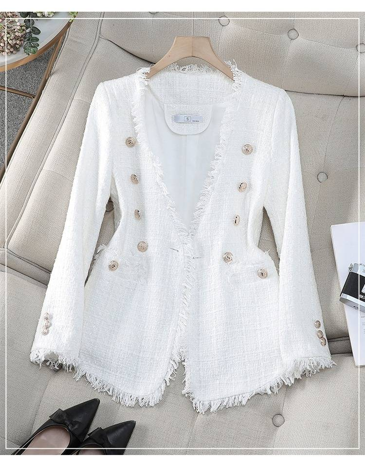 Giacca blazer in tweed da donna, giacca da abito corta slim fit chic per l'autunno, blazer bouclé elegante e versatile per l'ufficio e l'abbigliamento casual_voghion.com