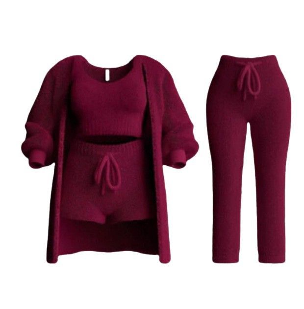 Damenbekleidung Lounge-Set aus Baumwolle und Polyester – Langarm-Strickoberteil + Weste + Shorts + Hose (4-teilige und 3-teilige Sets)_voghion.com