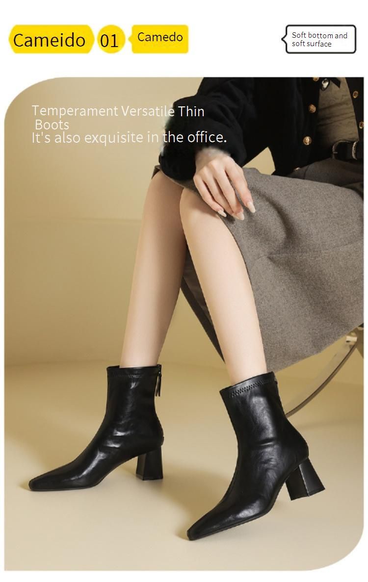 Cameido Women's Short Boots Chunky Heel Mid Heel Fashion Boots Slim Boots Versatile Plain Style Autumn Winter Boots_voghion.com