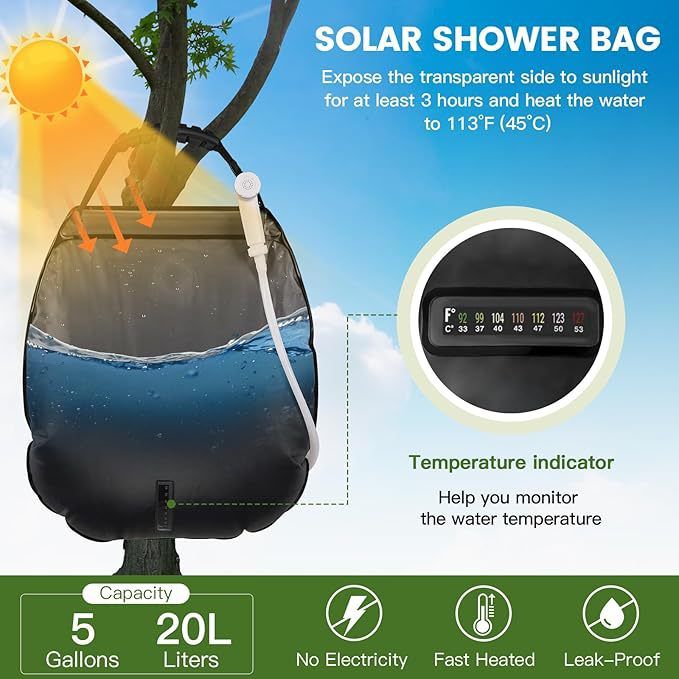 Geantă de duș portabilă pentru camping, 20L, cu energie solară, încălzitor de apă portabil pentru exterior, cu termometru, furtun de 6ft, material PVC negru pentru încălzire rapidă_voghion.com
