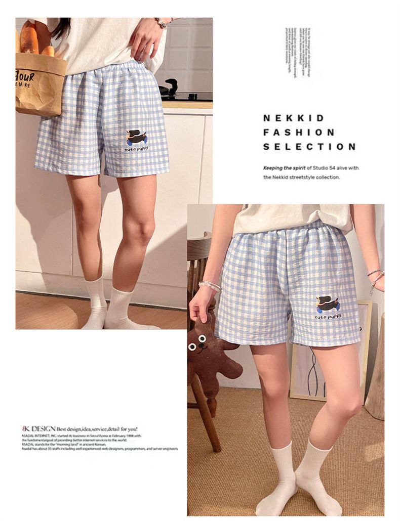 Summer Plaid Simple Pajama Pants Women's Summer Cloud Cotton Thin Beach Shorts Casual Home Pants--L_voghion.com