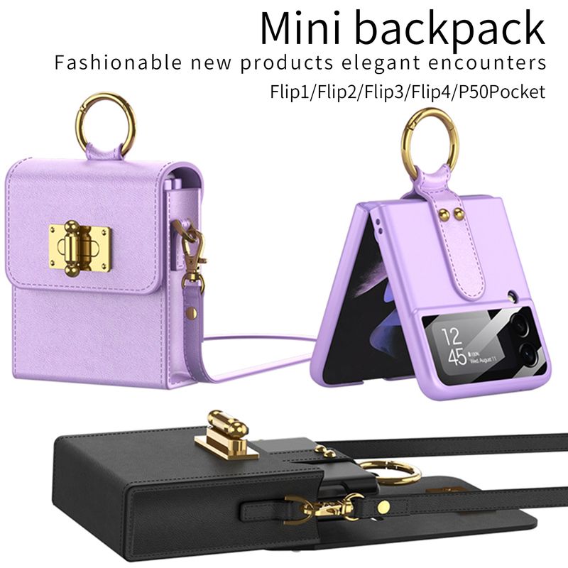 Mini Shoulder For Samsung Galaxy Z Flip 3 4 5G Plain Leather Chain Lanyard Phone Bag With Ultra Thin Ring_voghion.com