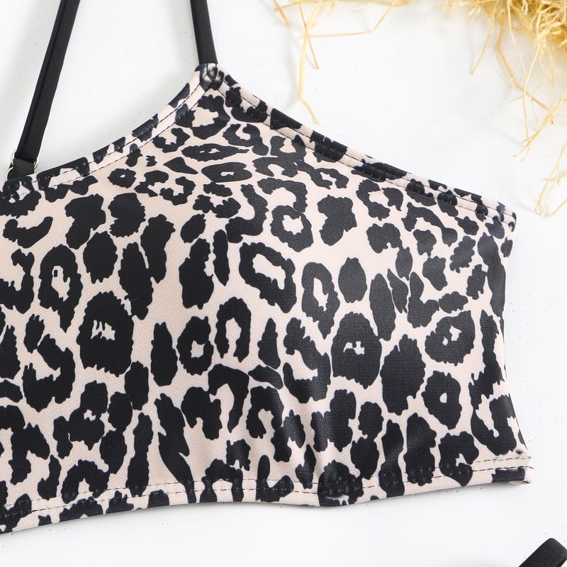 Badeanzug Damen Split Sling Tube Top Leopardenmuster Sexy Rücken Bikini Strandurlaub_voghion.com
