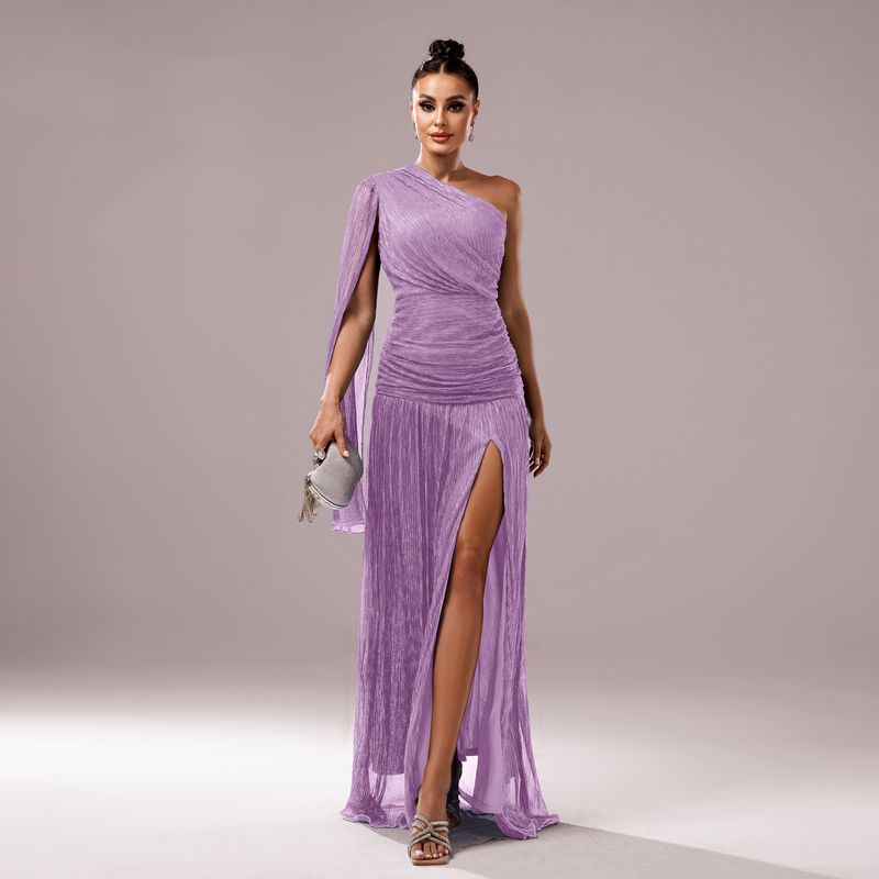 Verve Damen Neues High-End-Abendkleid mit One-Shoulder-Träger, asymmetrischem Ausschnitt, langen Ärmeln, schmaler Passform und Schlitz_voghion.com
