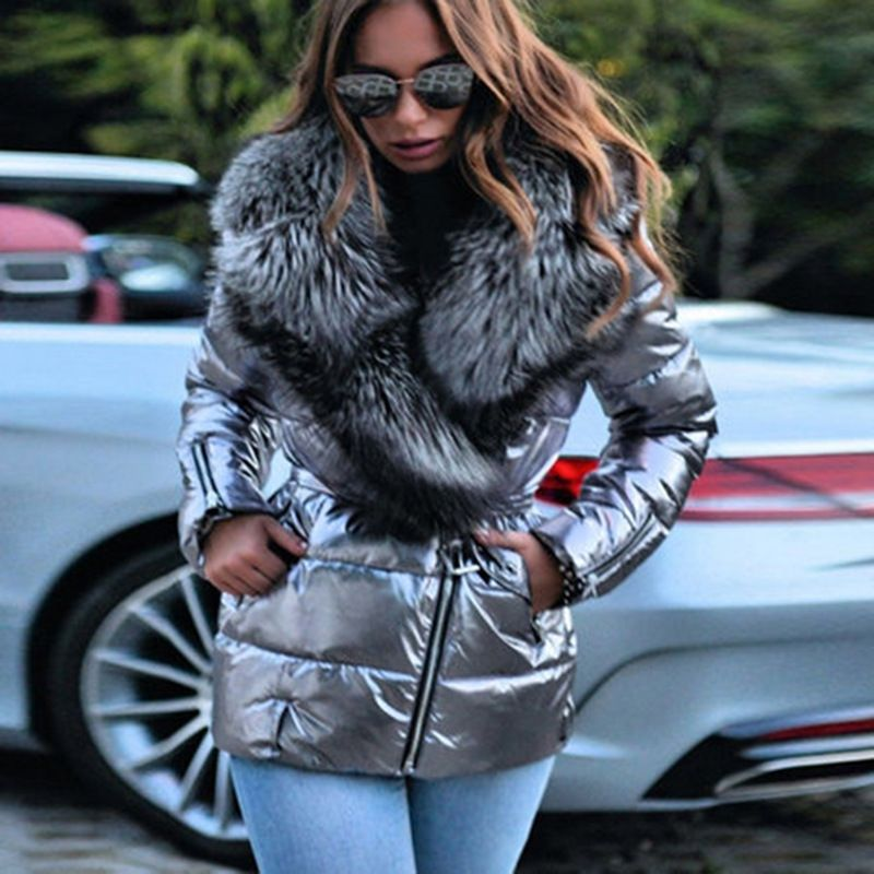 Women's Clothing plus size women's down glossy large fur collar short cotton jacket for women_voghion.com