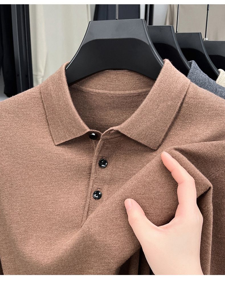 Men's Long Sleeve Knitted Sweater Spring Autumn Thin Wool Blend Turn-down Collar Middle-aged Base Shirt Top_voghion.com