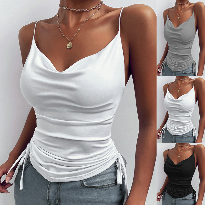 Gilet casual da donna con scollo a V profondo in tinta unita con coulisse attillata_voghion.com