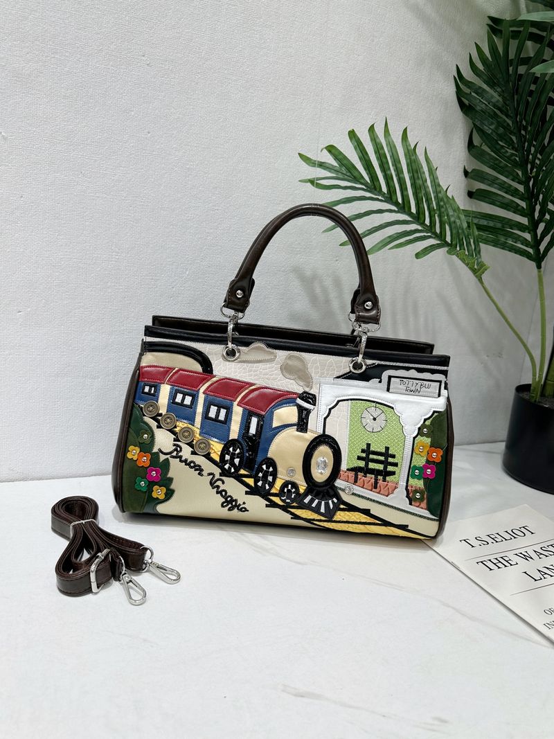 Damentaschen Nähte Kontrastierende Retro-Handtaschen Modische handgemachte kreative Schulter-Umhängetaschen_voghion.com