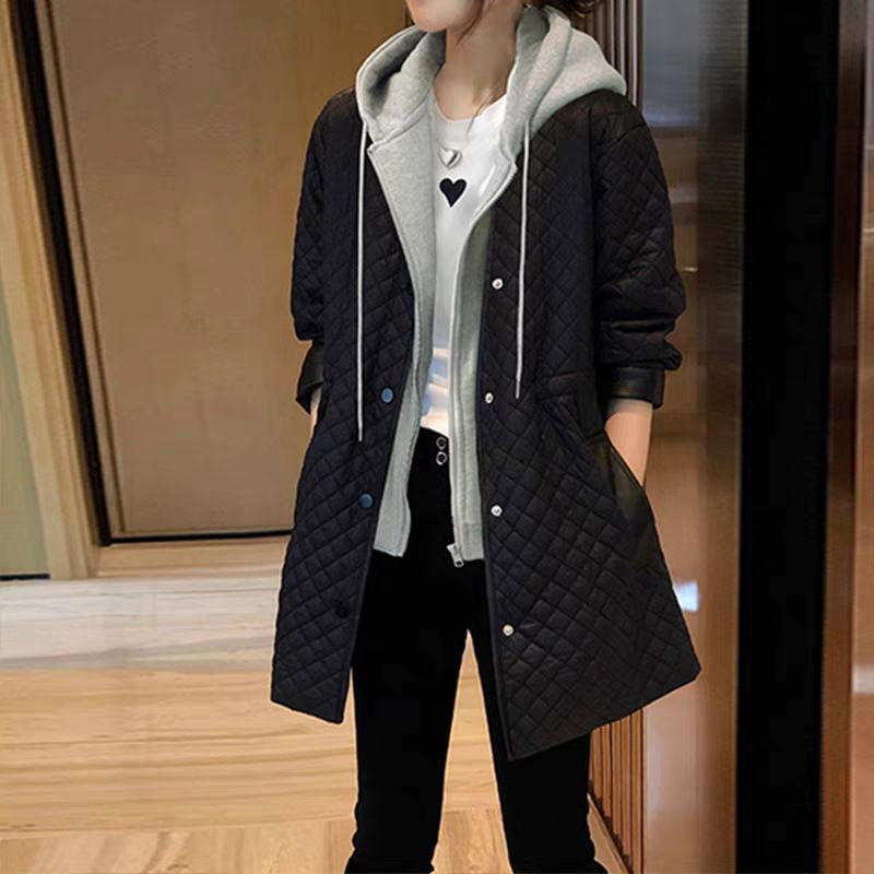Quilted Geometric Print Hooded Coat – Lightweight Longline Puffer Jacket With Detachable Belt (S-XL, Polyester Wadding, Slim Fit)_voghion.com