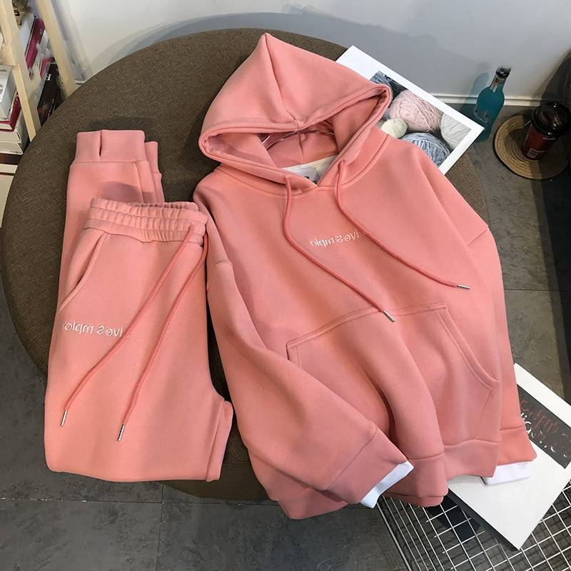 Dameklær Tykk fløyelsgenser med hette Damedress Bokstaver Sport Fritid Mote Vestlig stil Todelt dress_voghion.com