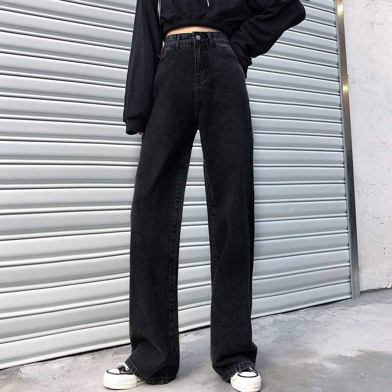 Vêtements pour femmes Jeans à jambe large pour femmes Lâche Automne et Hiver Nouveau Rétro Taille Haute Drapé Chic Droit Longueur Au Sol Pantalon_voghion.com