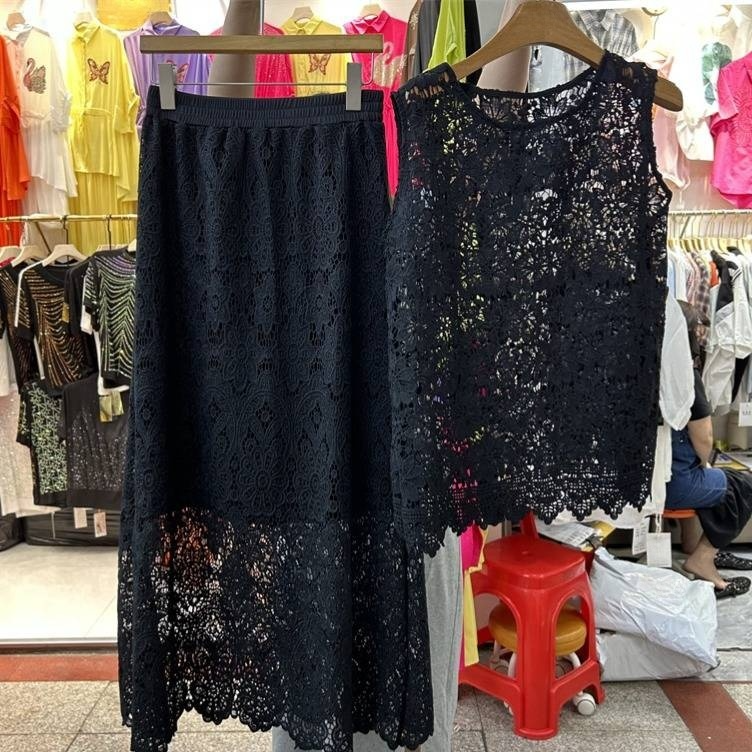 Abito estivo da donna in pizzo con gancio cavo e fiori, top con elastico in vita e gonna a fiori_voghion.com
