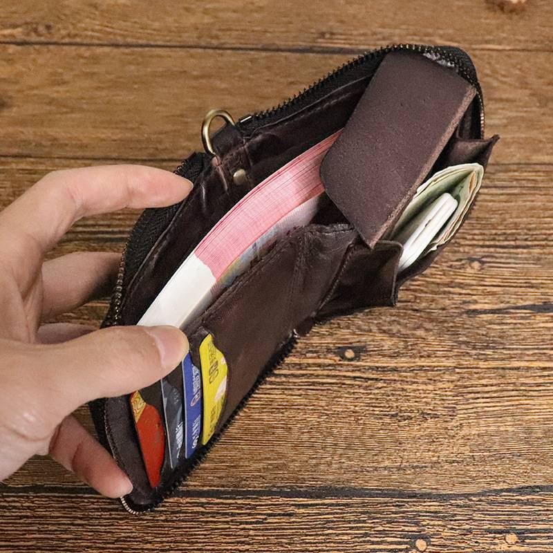 Handmade Genuine Leather Wallet Retro Short Vintage Vegetable-tanned Water-washed Cowhide Personalized Zipper Wallet_voghion.com
