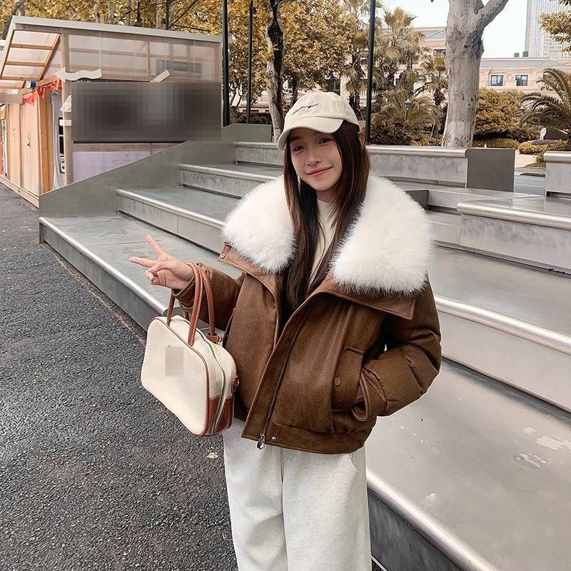 Kurze Pufferjacke aus PU für Damen mit abnehmbarem Kunstpelzkragen – kuscheliger Wintermantel mit Fleecefutter in mehreren Farben_voghion.com