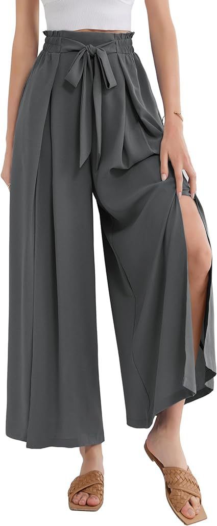 Calça Palazzo Feminina Leve, Casual, de Cintura Alta, com Bolsos e Fenda - Calça Larga e Flutuante para o Verão_voghion.com