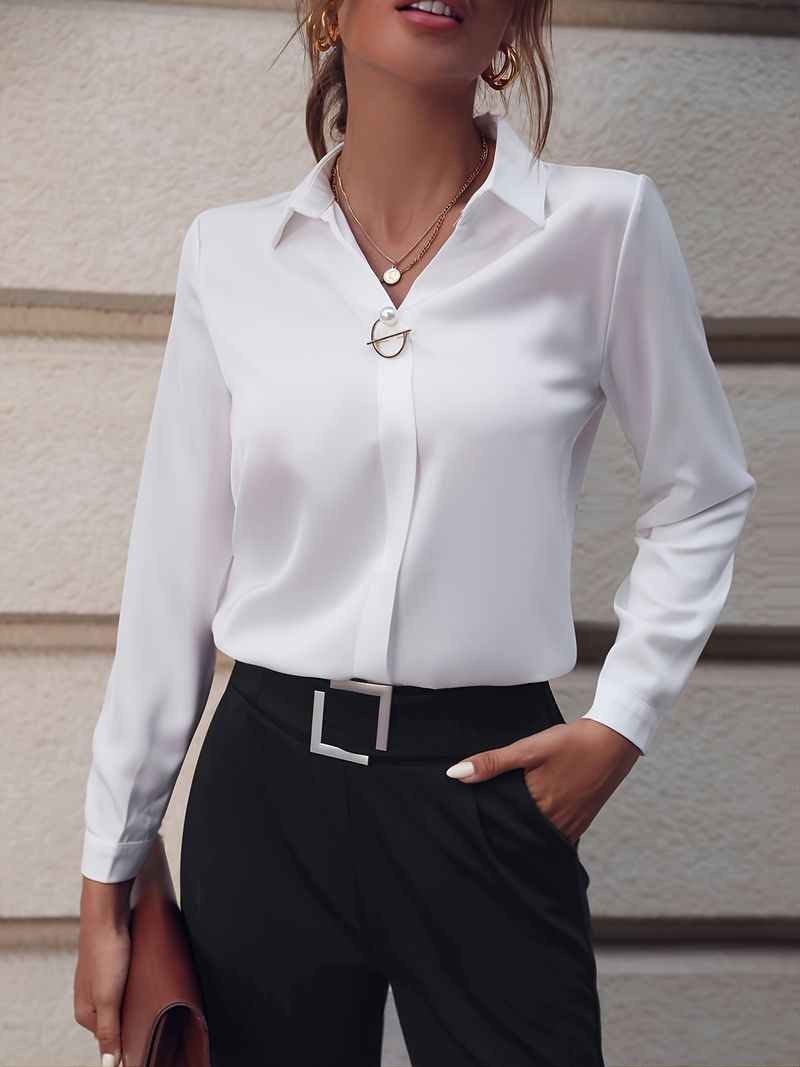 Abbigliamento da donna Camicia da donna Camicia versatile semplice in tinta unita Camicia a maniche lunghe di media lunghezza Camicia di grandi dimensioni_voghion.com