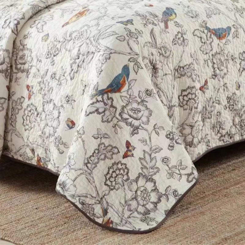 Trapunta in puro cotone con uccelli e fiori, trapunta matrimoniale estiva con motivo floreale, trapunta con aria condizionata, copriletto, set di tre pezzi_voghion.com