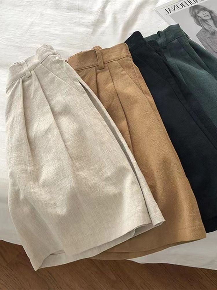 Katoen en shorts, dames zomer hoge taille, kleine gestalte, dunne linnen wijde pijpen casual A-lijn vijfpunts broek_voghion.com