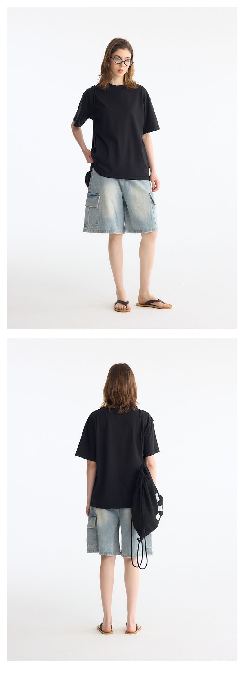 Herrenbekleidung, verwaschene hellblaue Denim-Hose mit großen Taschen, mittellang, lockere, schmale, verkürzte Hose mit weitem Bein_voghion.com
