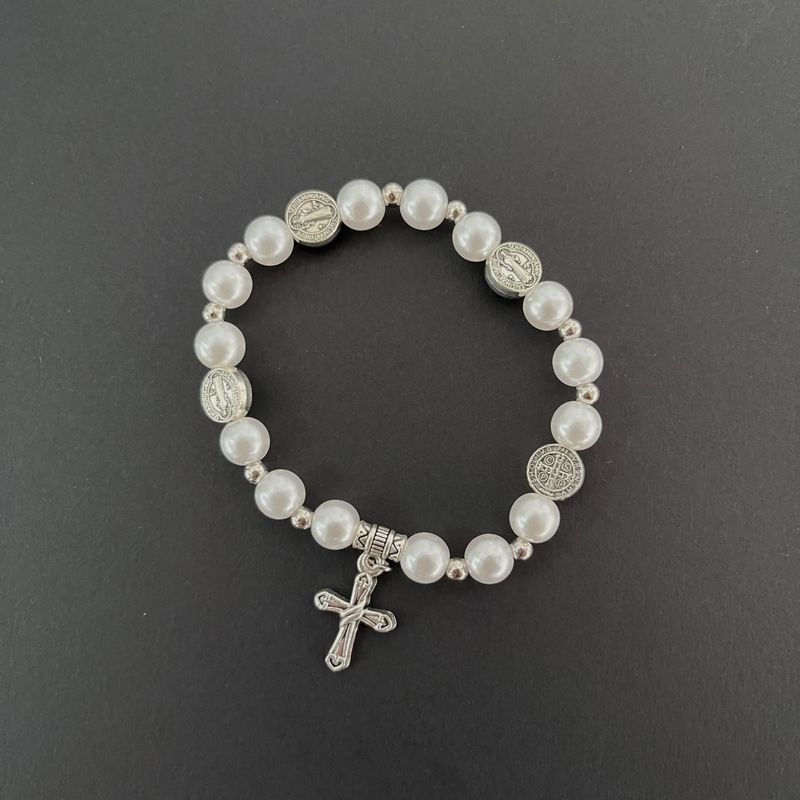 Artificial Pearl Cross Handmade Elastic Beaded Bracelet Jewelry Gift_voghion.com