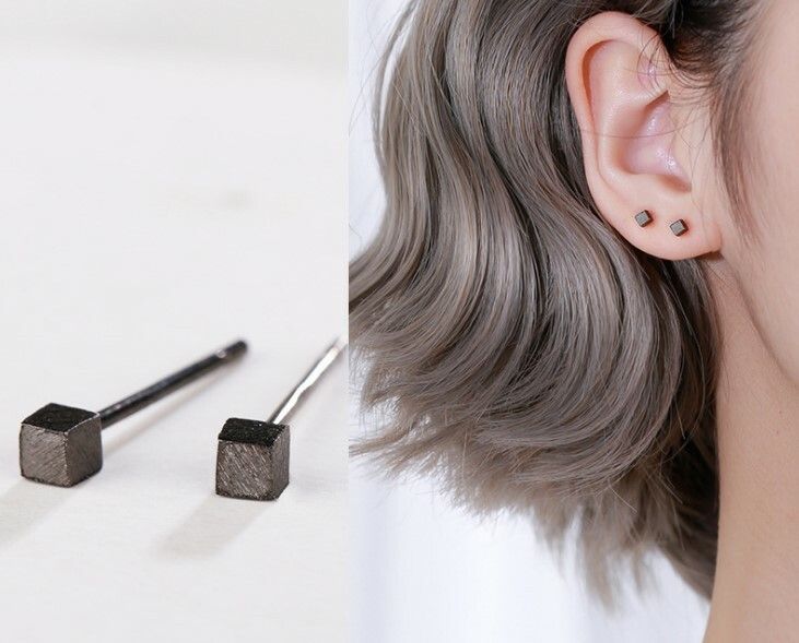 3mm Tiny Brushed Cube Square Stud Earrings 925 Sterling Silver Gift PE18_voghion.com