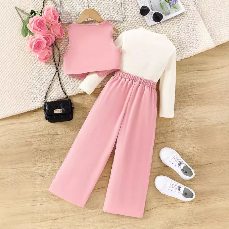 Vestito da drama coreano, stile piccolo profumo di alta qualità, completo rosa, pantaloni gilet, camicia con collo alto, tre pezzi_voghion.com