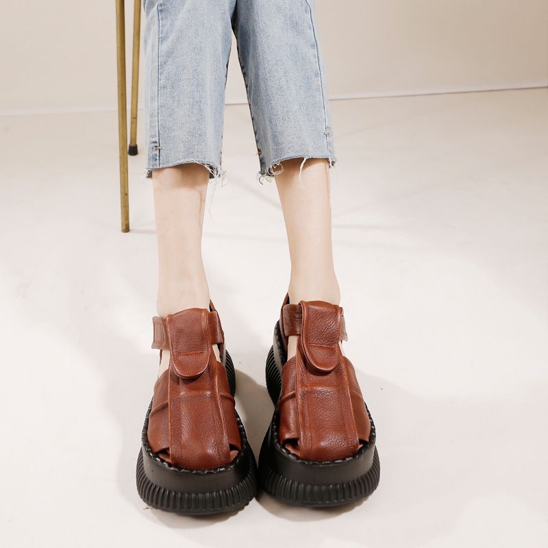 Casual Sandals Retro 2025 Spring And Summer New Round Head Leather Comfortable Thick Bottom Soft Shoes For_voghion.com