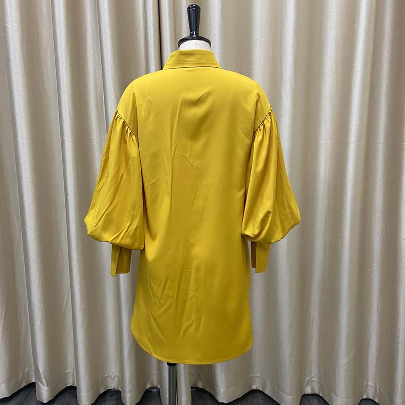 Vestido de camisa feminino grande, manga bufante solta, cor sólida, lapela com fenda, manga comprida_voghion.com