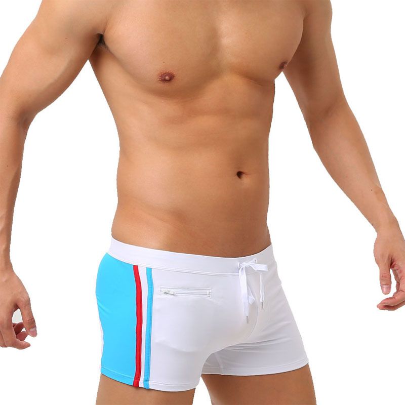 Men's Low-Rise Swim Shorts - Solid Color Contrast Panels With Adjustable Drawstring & Secure Zip (Quick-Dry UPF 50+ & Anti-Slip)_voghion.com