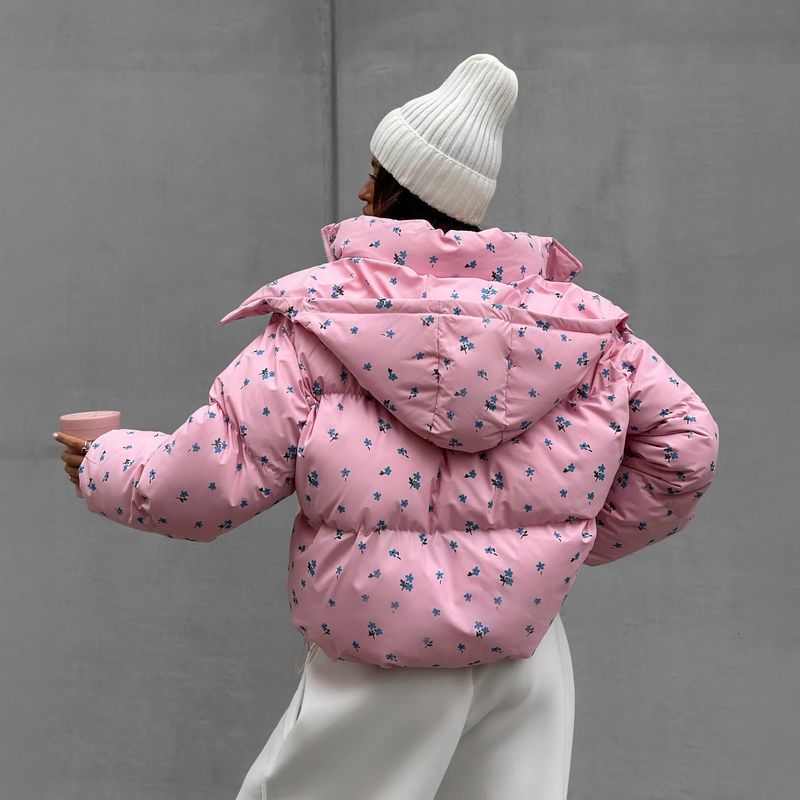 Dames gewatteerd jack met capuchon en bloemenprint en trekkoord - Stijlvolle winterjas, casual bovenkleding, warm en modieus_voghion.com