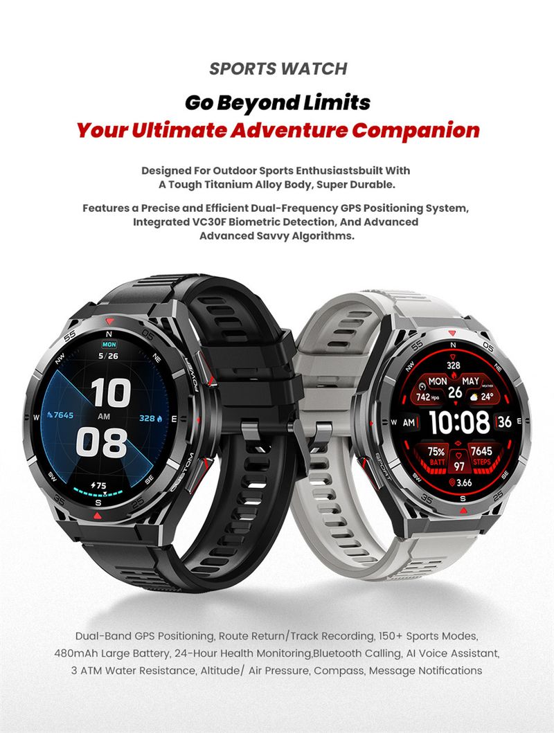 Montre connectée professionnelle pour le sport, boussole, GPS, écran AMOLED 1,43", Bluetooth, appels, étanche 10 ATM, nouveau_voghion.com